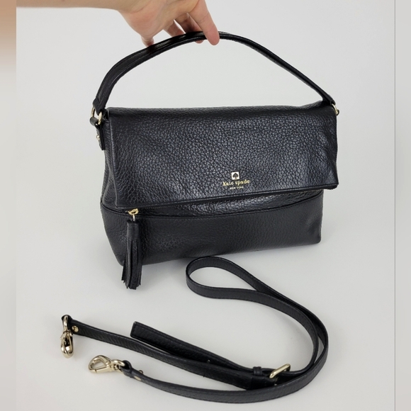 Kate Spade Black Handbag  Crossbody Fold Over Leather Bag with Gold Hardware - Picture 1 of 15